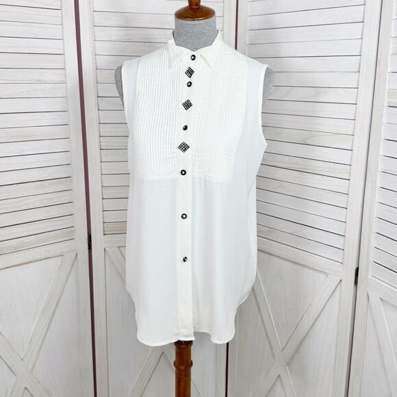 Vintage 80s Renaissance Pleated Sleeveless White Button Up Blouse White Medium - Picture 1 of 11